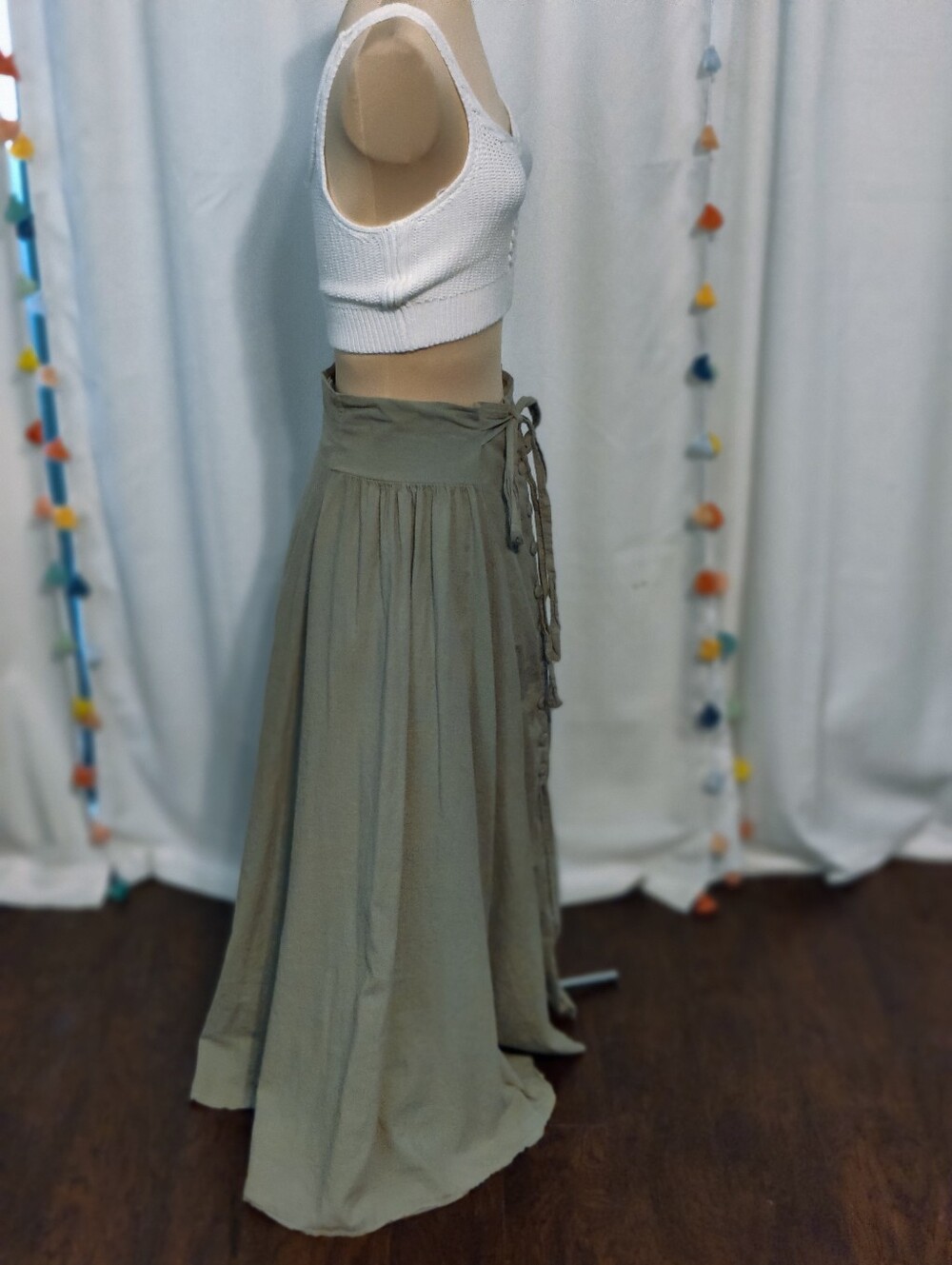 Luna Luz Vintage Cotton Maxi Skirt full button front Low Slung khaki/green SM - Picture 6 of 9
